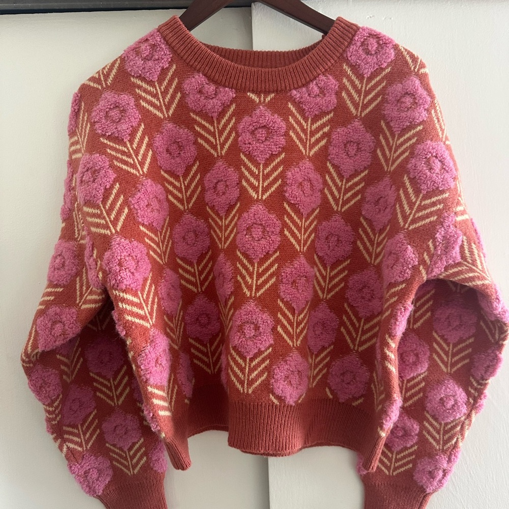 Debut Pink and Orange Crew Neck Sweater with Geometric Pattern